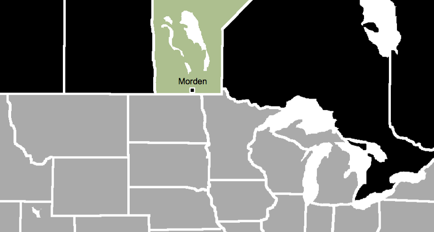 A map of Southern Canada and the Northern US showing Morden, Manitoba